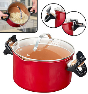 Red Copper 5qt Better Pasta Pot with Built-in Straining Holes