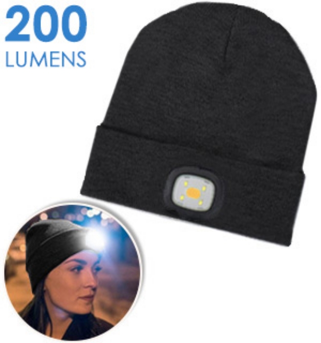 Picture 1 of Black USB Rechargeable LED Beanie: 200 Lumens