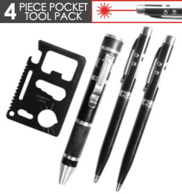 Picture 1 of 4 Piece Pocket Tool Pack W/ Screwdriver, Multi-Tool Card, and Two Pens