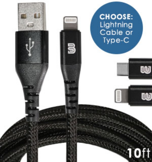 Picture 1 of 10 Foot Nylon-Braided USB Charging Cable (Available In Lightning, And USB-C)