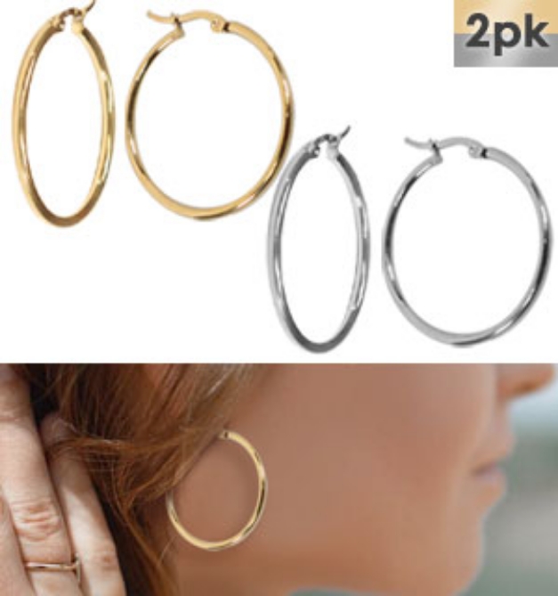 Picture 1 of Exquisite Set of Two Hoop Earrings (Gold and Silver tone) - Medium Sized 30mm