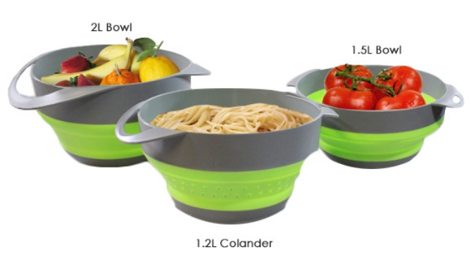 Click to view picture 4 of 3-Piece Silicone Collapsible Bowls with Colander