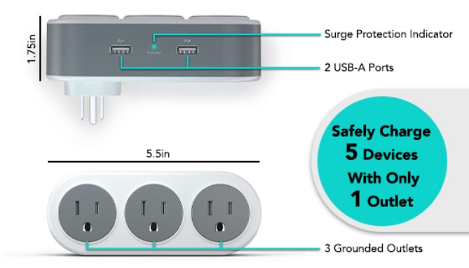 Picture 3 of 360 Degree Rotating Surge Protector with USB Ports