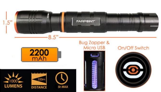 Picture 3 of Farpoint 1000 Lumen Rechargeable Flashlight with Bug Zapper