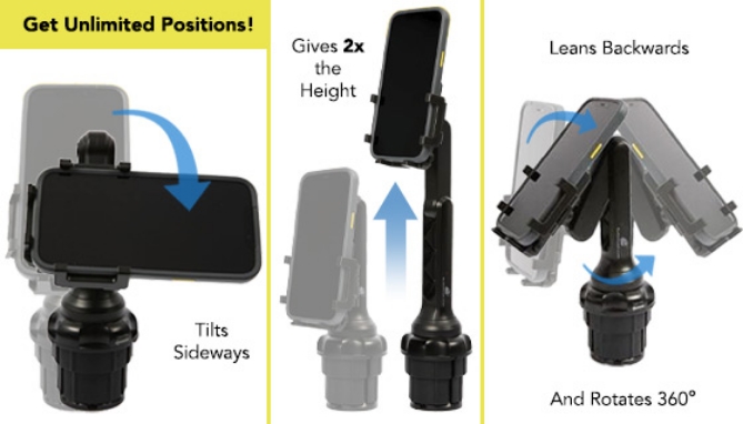 The CupCall Crane is the amazing phone mount that fits in nearly any car's cupholder, thanks to the expandable base to securely lock it in place. The adjustable arm not only lets you rotate, swivel, and tilt your phone in any direction: but also get some much needed height to make it easier to see!