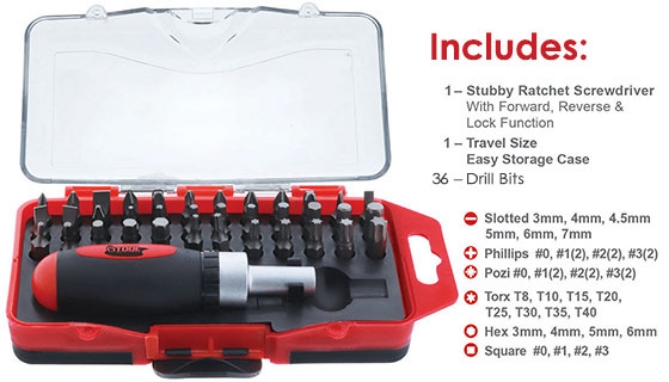 Picture 3 of 38 Piece Stubby Ratchet Screwdriver and Bit Set