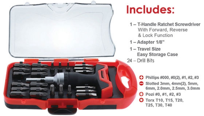 Picture 3 of 27pc T-Handle Ratchet Screwdriver and Bit Set