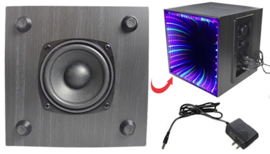 While off, the handsome wooden speakers look like they have plain mirrors on the front, but they hide a secret...These show-stopping speakers actually feature an infinity mirror optical illusion that pulses to the beat of your music!