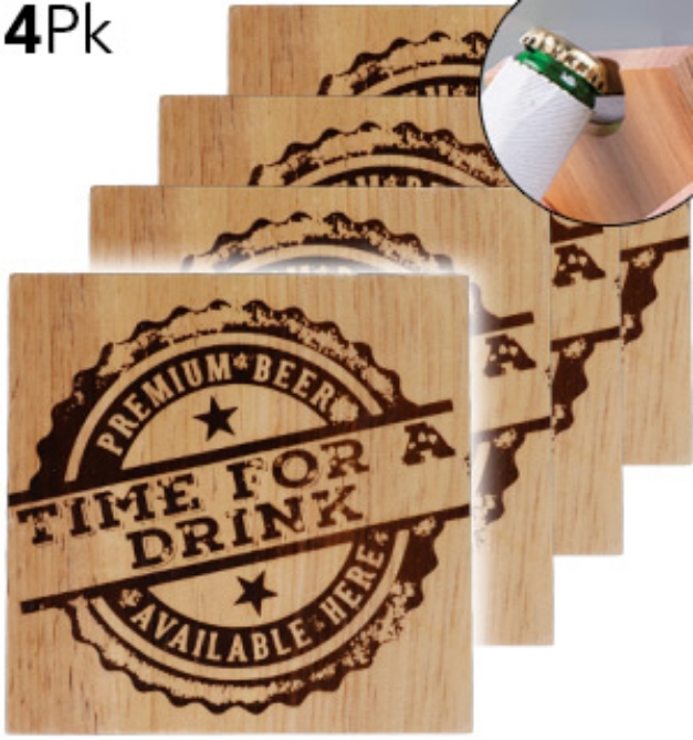 Picture 1 of 4-Pack of Wooden Coaster w/ Built-In Bottle Opener