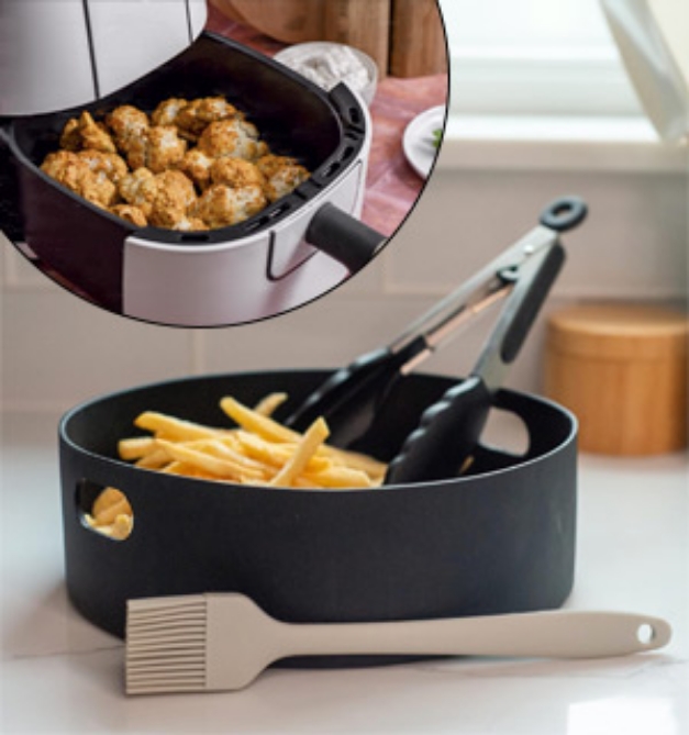 Picture 1 of Silicone Air Fryer Basket with Basting Brush and Tongs (Medium)