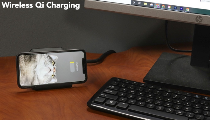 Picture 2 of Desktop Surge Protector with Wireless Charger and Integrated Phone Stand