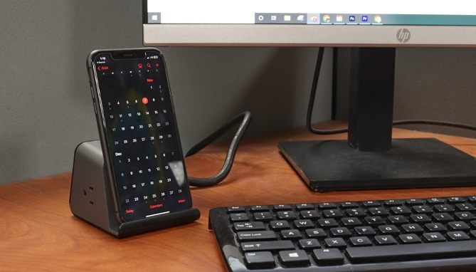 Picture 3 of Desktop Surge Protector with Wireless Charger and Integrated Phone Stand